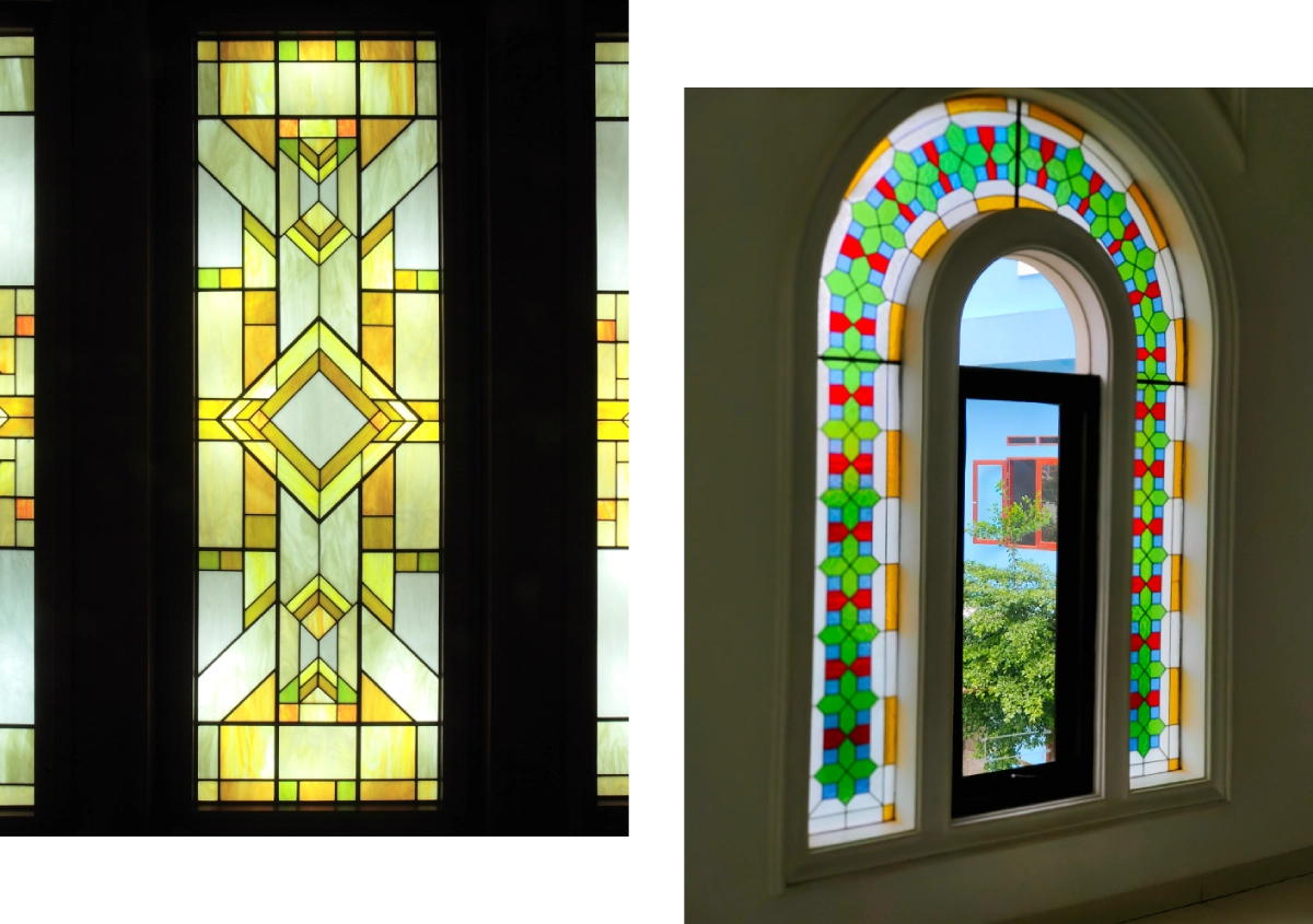Two stained glass windows: one with abstract geometric patterns in yellow and green, another with a floral motif framing a view outside.